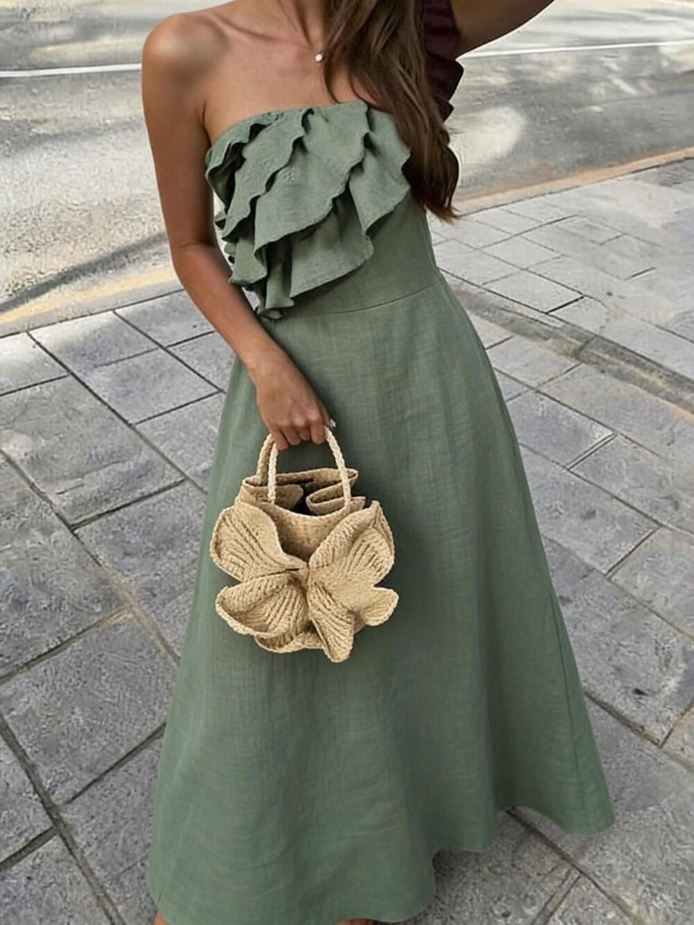 Green Casual Women's Bohemian Elegant Strapless Ruffle Hem Dress